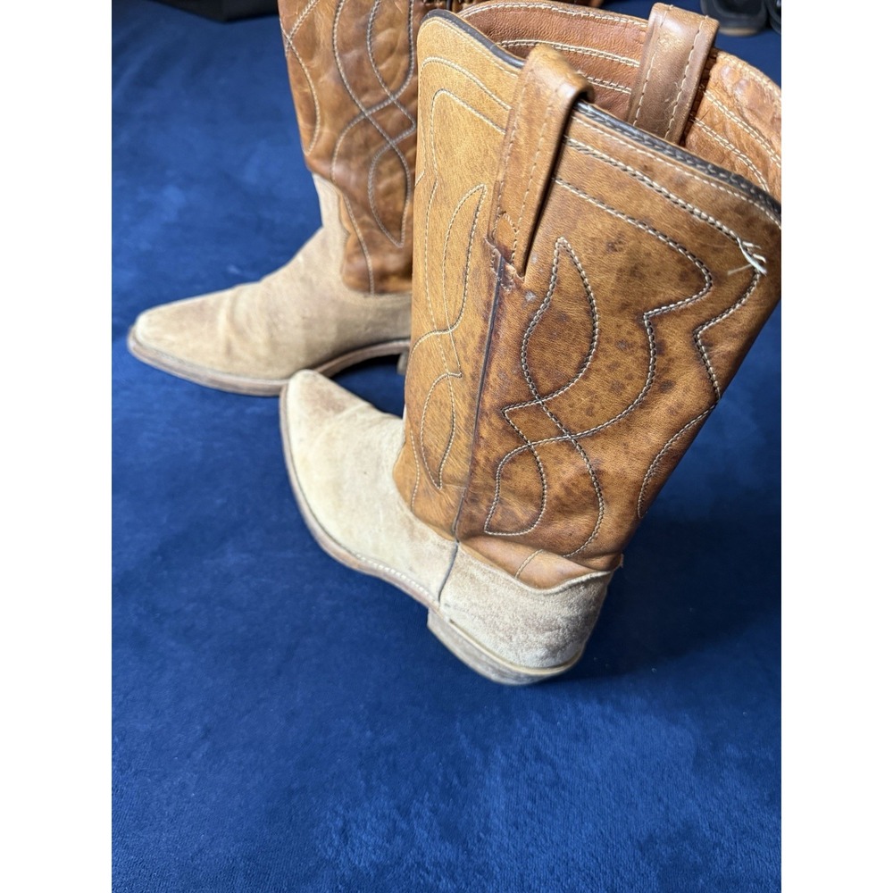 Vtg USA Made 1970’s ACME Western Cowboy Boots Sz 7.5 D Tan/Brown Suede Two-Tone